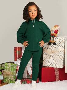 SHEIN Young Girl Solid Drop Shoulder Hoodie & Leggings - Dark Green - View 5