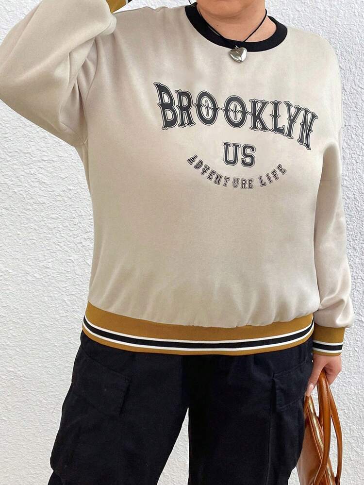 Women's Plus Size Alphabet Printed Striped Trim Sweatshirt Pullover Fall Sweatshirt