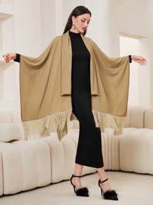 Lacomfia Women's Tassel Hem Batwing Sleeve Cape Jacket - Khaki - View 4
