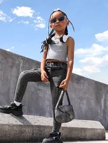 Young Girl Street Style Stretchy Jeans With Flap Pocket - Black - View 6