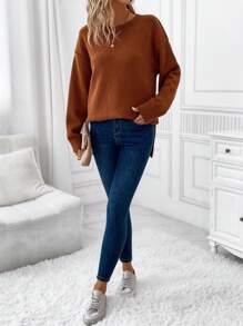 EMERY ROSE Women's Long Sleeve Round Neck Sweater - Rust Brown - View 5