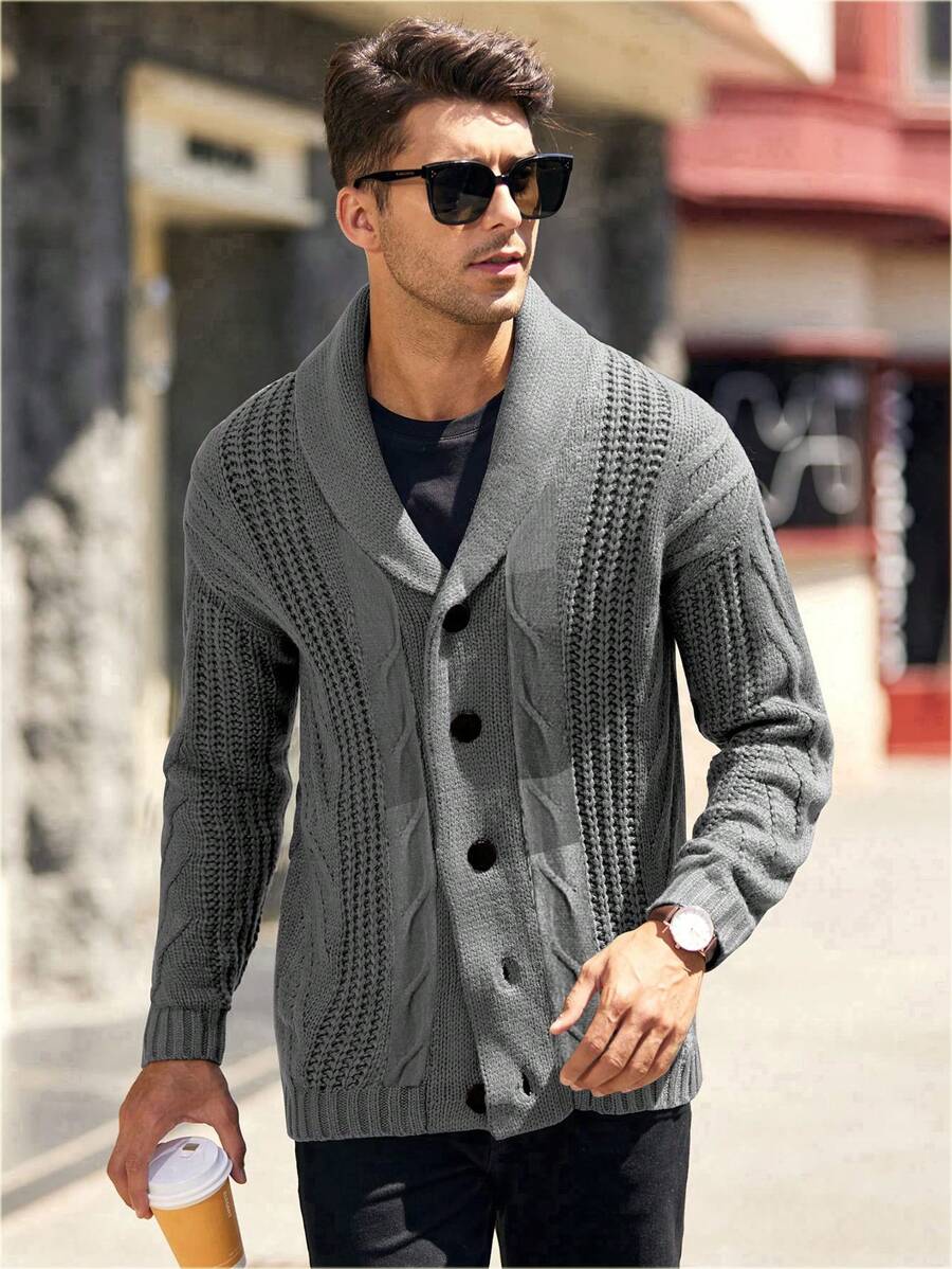 Men Shawl Collar Cable Knit Cardigan SHEIN USA