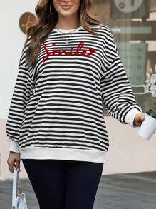 SHEIN LUNE 大碼條紋和字母圖案落肩袖運動衫 - 黑與白 - 查看 1