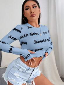 Hanevo Letter Printed Cropped T-Shirt Graphic Tees Women Tops