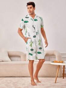 男士仙人掌印花休閒連體褲 - 綠色 - 查看 8