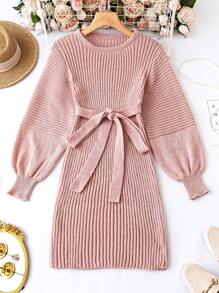 Celure 大尺碼燈籠袖束帶毛衣連身裙 - 珊瑚粉 - 查看 1