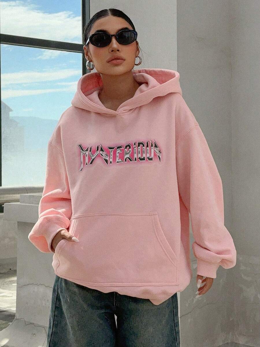 DAZY Text Pattern Hoodie - Pink - View 1