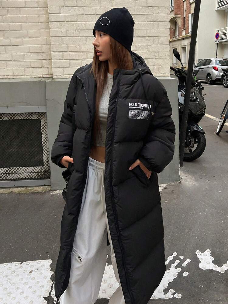 Women's Slogan Printed Long Sleeve Hooded Casual Long Winter Coat