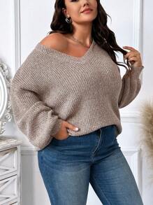 SHEIN LUNE Women'S Plus Size Drop Shoulder Knitted Sweater - Brown - View 4