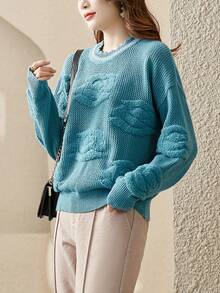 Áo len họa tiết hoa dày dặn ấm áp mùa đông dành cho nữ có cổ tròn & trễ vai, kiểu dáng rộng rãi và thướt tha - Màu xanh lam - Xem 1