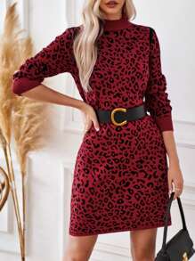 SHEIN Clasi Hoa văn Báo Đầm Áo len - Đỏ - Xem 3