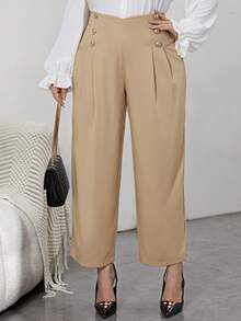 SHEIN Privé Women's Plus Size Buttoned High-waisted Pleated Pants - Camel - View 5
