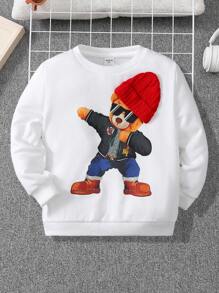 SHEIN Boy's Cute And Comfortable Cartoon Bear Pattern Beanie Decorated Round Neck Sweatshirt - White - View 1