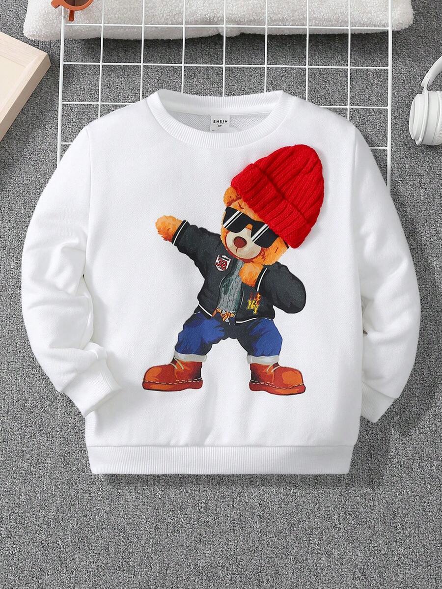 SHEIN Boy's Cute And Comfortable Cartoon Bear Pattern Beanie Decorated Round Neck Sweatshirt - White - View 1