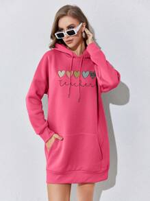 SHEIN EZwear Women's Heart Print Hoodie Dress - Hot Pink - View 5