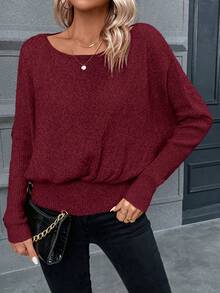 SHEIN Essnce Casual Women's Oversized Sweater With Dropped Shoulders - Burgundy - View 5