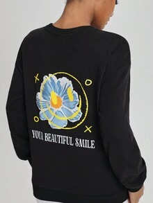 Noosie Regular Fit Round Neck Floral & Letter Pattern Women's Sweatshirt - Black - View 1