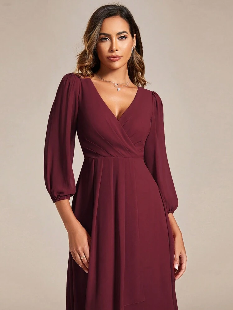 EVERPRETTY Elegant Lantern Sleeve Pleated Chiffon Burgundy Long Sleeve Bridesmaid  Dress, Formal Wedding Guest Dress Spring | SHEIN USA