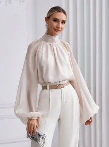 Firerie Women's Stand Collar Lantern Sleeve Back One Shoulder Shirt - Apricot - View 6