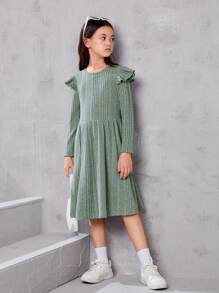 SHEIN Tween Girl Retro Ruffled Ribbed Knit A-Hem Waisted Long-Sleeved Dress - Green - View 5