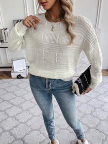 SHEIN LUNE Màu thuần Thả vai Áo len - trắng - Xem 3