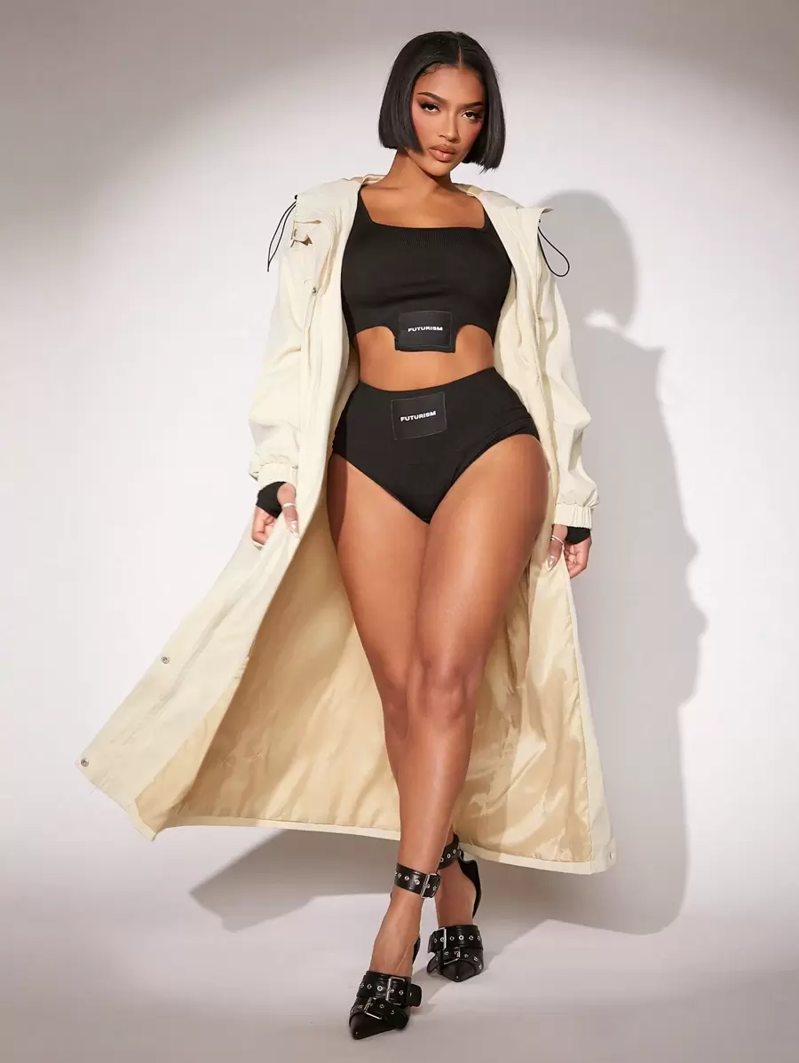 SHEIN SXY 抽绳腰部连帽风衣，配有翻盖口袋，适合休闲场合 - 卡其色 - 查看 1