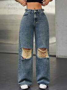 SHEIN ICON Pantalones De Pierna Ancha De Mezclilla - Azul lavado oscuro - Ver 1