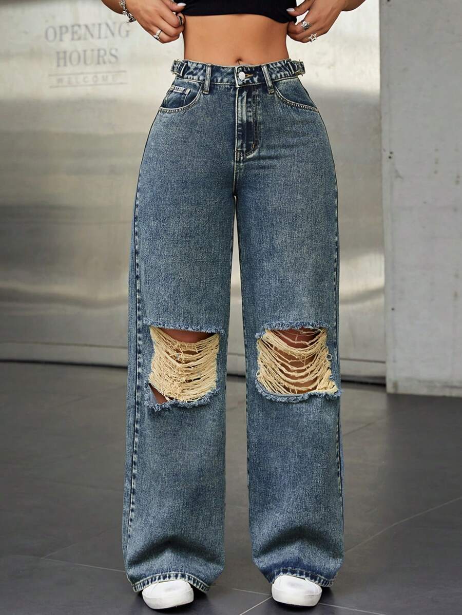 SHEIN ICON Pantalones De Pierna Ancha De Mezclilla - Azul lavado oscuro - Ver 1