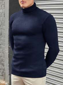 EURMUSE Sudadera Con Cuello De Tortuga Y Color Sólido Simple Para Hombres Para Combinar Con Cualquier Cosa - Azul Marino - Ver 2