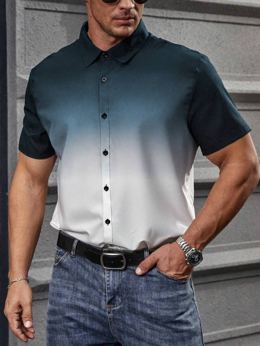 Extended Sizes Men Plus Gradient Short Sleeve Shirt - Multicolor - View 1