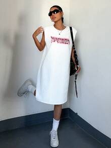 DAZY Của phụ nữ Không tay Lá thư In Váy bodycon - trắng - Xem 3