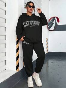 Flirla 大碼字母圖案袋鼠口袋落肩袖抽繩連帽衫和運動褲 - 黑色 - 查看 7