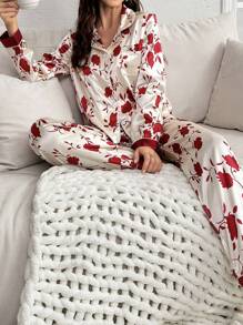 Conjunto de pijama elegante con estampado floral en toda la prenda para damas - Albaricoque - Ver 3