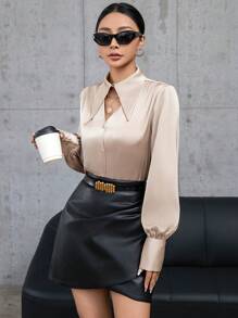 Aveloria Modichic Solid Color Long-Sleeved Shirt With Hollow Button Placket On The Front Elegant Business Casual Women  Fall Cloth For Women - Camel - View 4