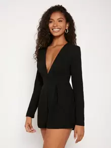 SHEIN BAE Deep V Neck Fold Pleated Romper - Black - View 5