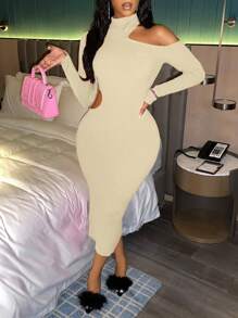 Slaydiva Solid Color High-collar Hollow Out Sweater Dress - Apricot - View 6