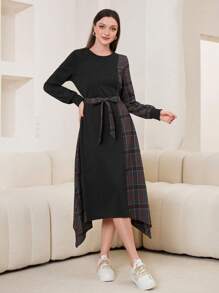 Seusyu Patchwork Plaid Print Self-Tie Belt Asymmetrical Hem Sweatshirt Dress Pullover Fall Outfit - Black - View 3