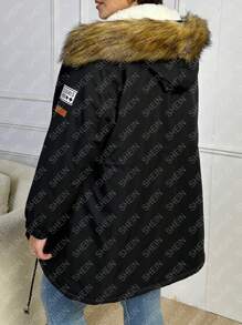 SHEIN LUNE Plus Drawstring Waist Fuzzy Trim Hooded Parka Padded Coat Clothes Winter Thermal Fall Cloth For Women - Black - View 2