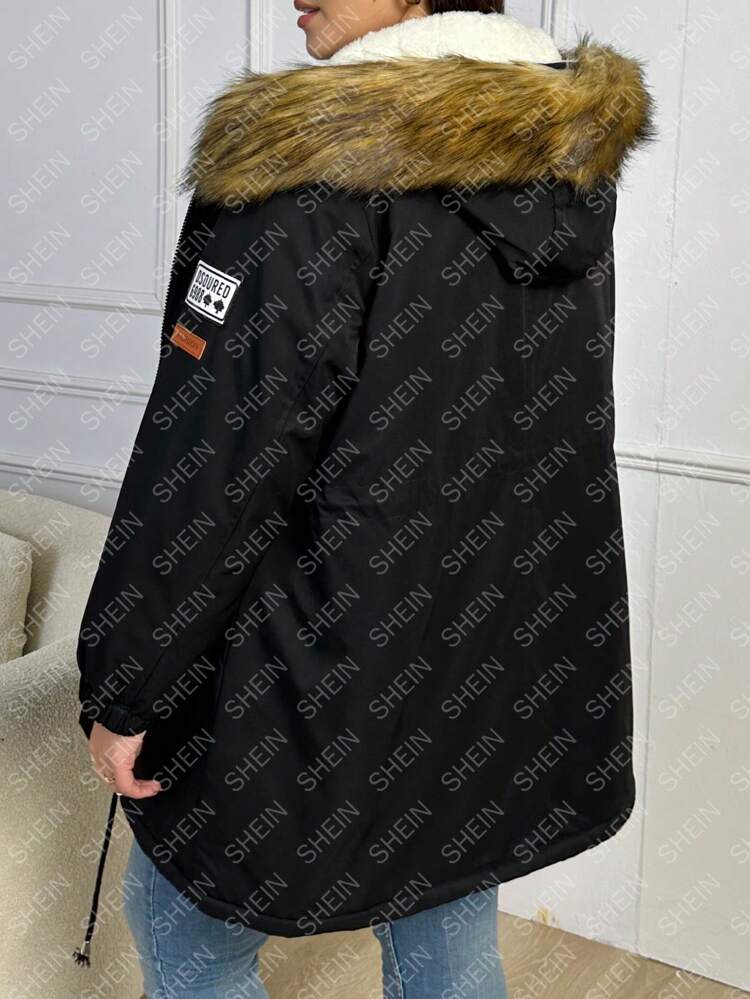 Plus Drawstring Waist Fuzzy Trim Hooded Parka Padded Coat Clothes Winter Thermal Fall Cloth For Women