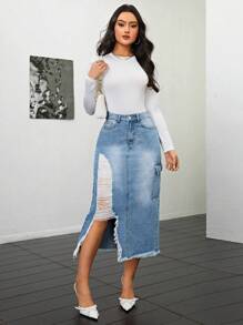 Women's Flap Pocket Distressed Frayed Hem Denim Skirt - Medium Wash - View 1