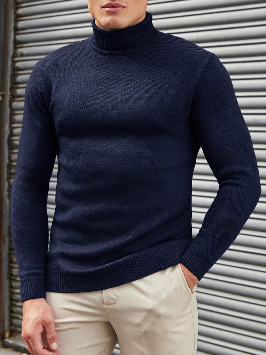 EURMUSE Sudadera Con Cuello De Tortuga Y Color Sólido Simple Para Hombres Para Combinar Con Cualquier Cosa - Azul Marino - Ver 1