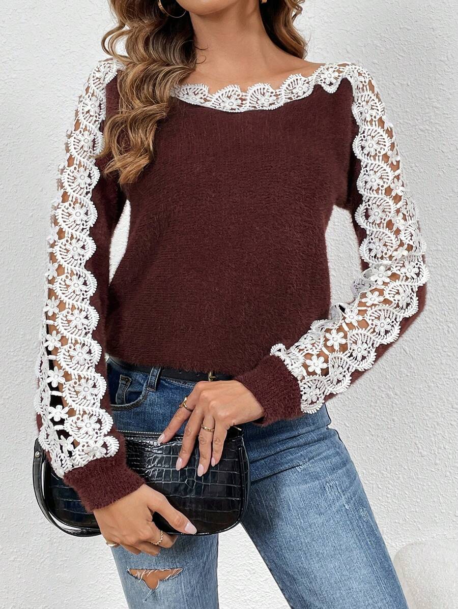 SHEIN Frenchy 女士花邊針織毛衣 - 酒紅色 - 查看 1