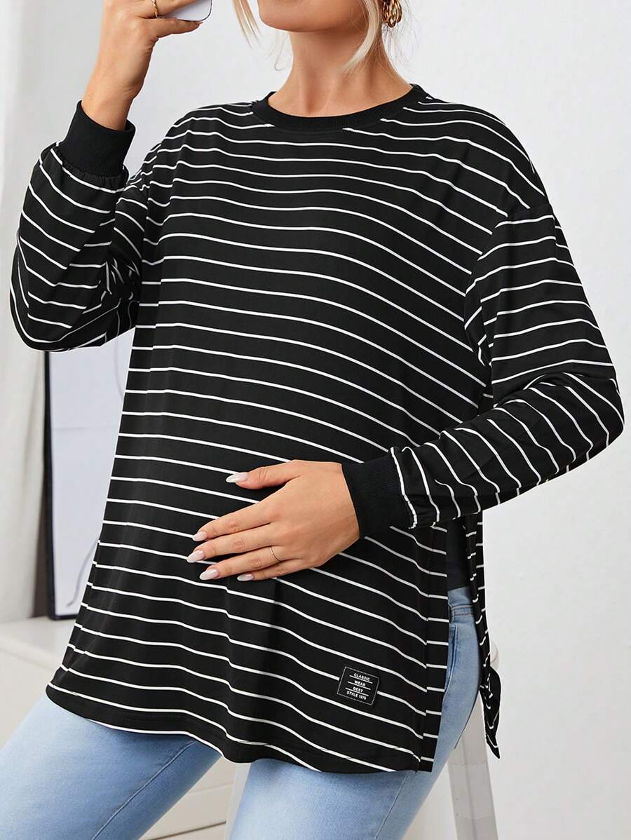 SHEIN Maternity Striped Drop Shoulder Split Hem Tee With Long Sleeve