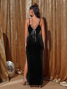 SHEIN Allurite Split Thigh Velvet Cami Dress - Black - View 2