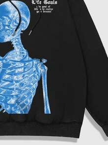 ROMWE MEN Street Life Men's Skull Slogan Printed Hoodie - Black - View 6
