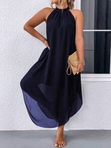 SHEIN Clasi Women's Plus Size Halter Neck Solid Color Dress Maxi Women Outfit