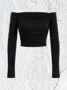 SHEIN EZwear Parte Superior Corta De Moda Para Mujer Estilo Y2k Sin Hombros Con Manga Larga Ajustada, Plegado Ajustado, Sin Espalda Y Con Estilo Para Salir