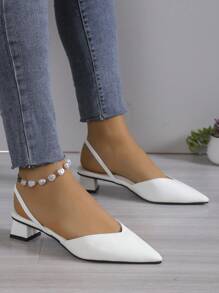 Women's Minimalist Elegant Chunky Heel Pumps With Fashionable Ankle Strap High Heels, White