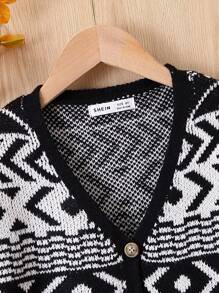 SHEIN Geometric Pattern Cardigan, For Tween Girls - Black and White - View 3