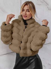 SHEIN Privé 女士純色毛絨大衣 - 卡其色 - 查看 8